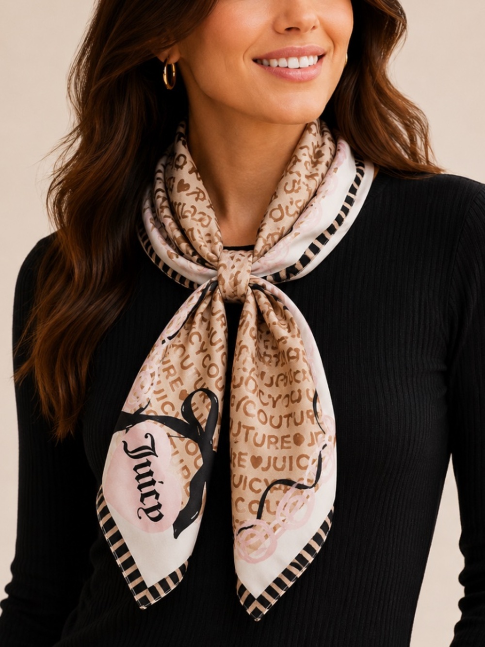 Juicy Couture Signature Heart Bow Square Scarf Brown Pink Black 36x36 NWT